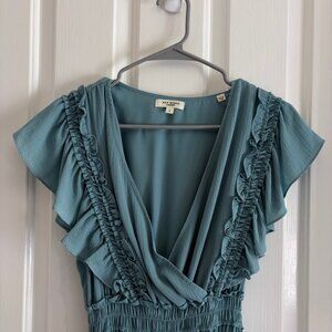 Max Studio Blue Pebble Crepe Flutter Sleeve Maxi Dress